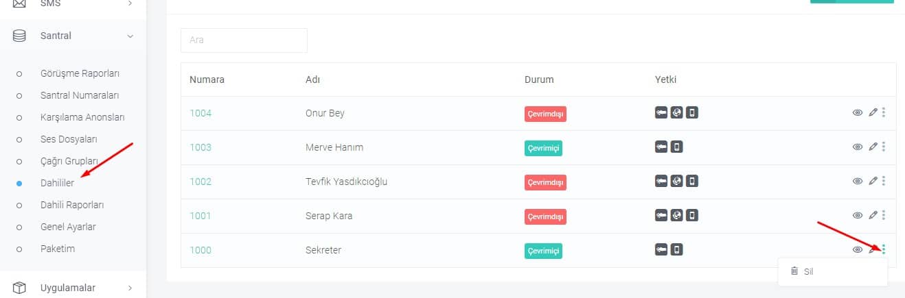 Bulutfon santralindeki dahiliyi nasıl silebilirim ?