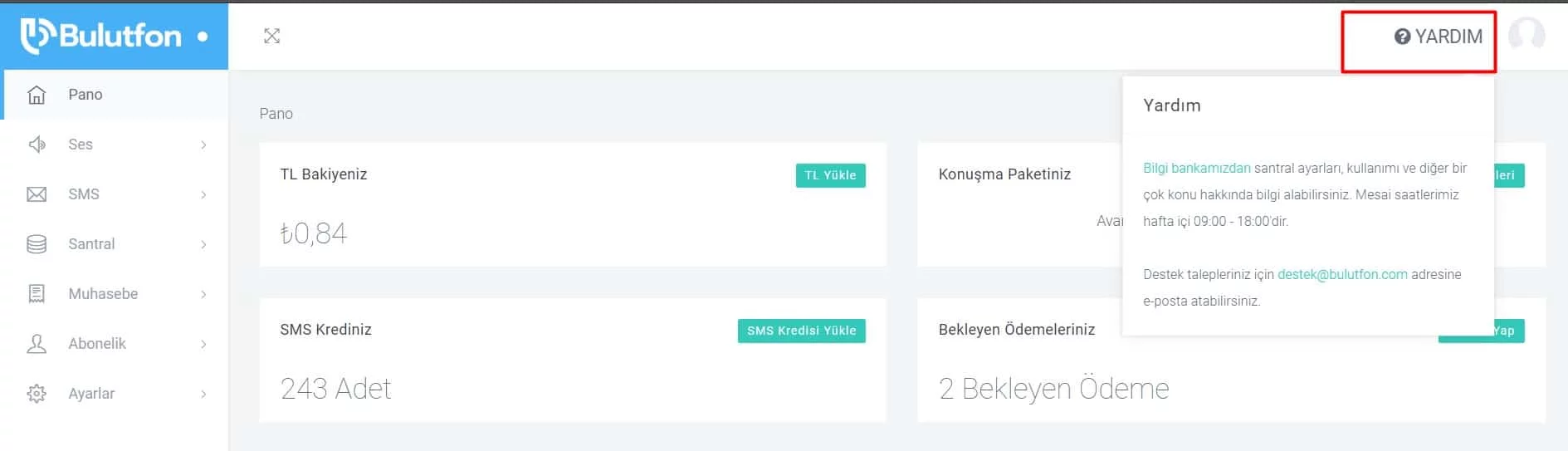 Bulutfon'a Başlangıç Yardım Menüsü