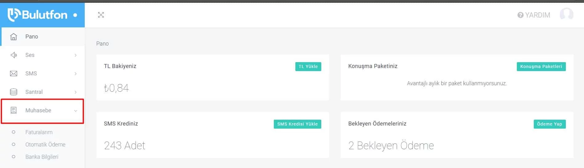 Bulutfon'a Başlangıç Muhasebe Menüsü