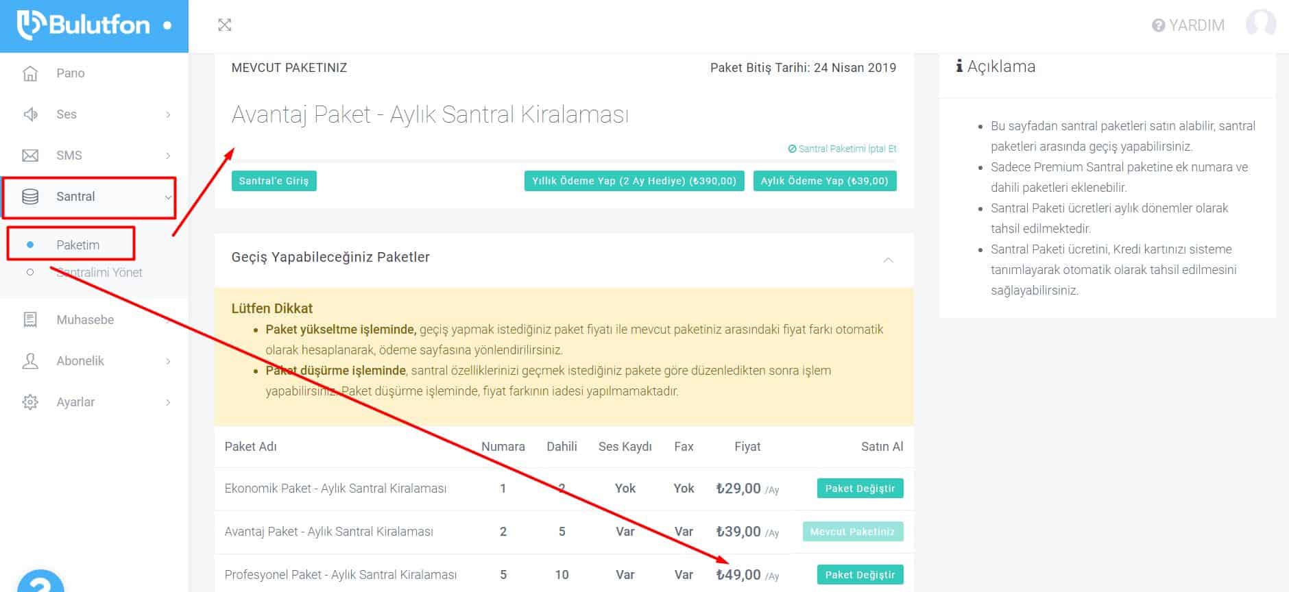 Santral paketimi nasıl değiştirebilirim?